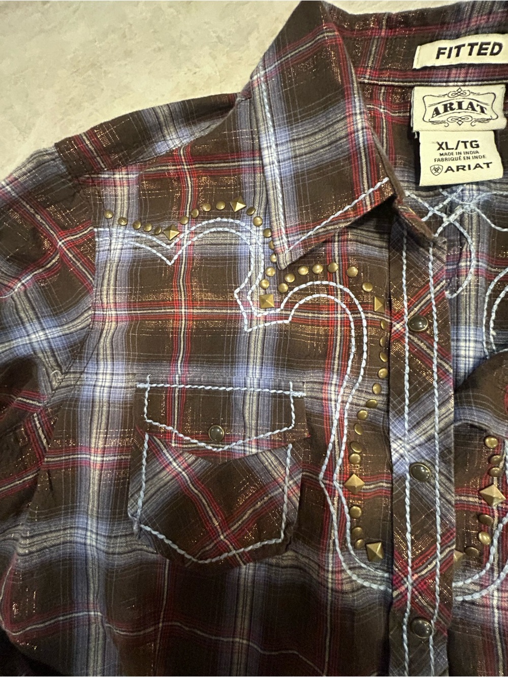 Ariat Women’s XL Metallic Plaid Fitted Western Shirt Studded Embroidered